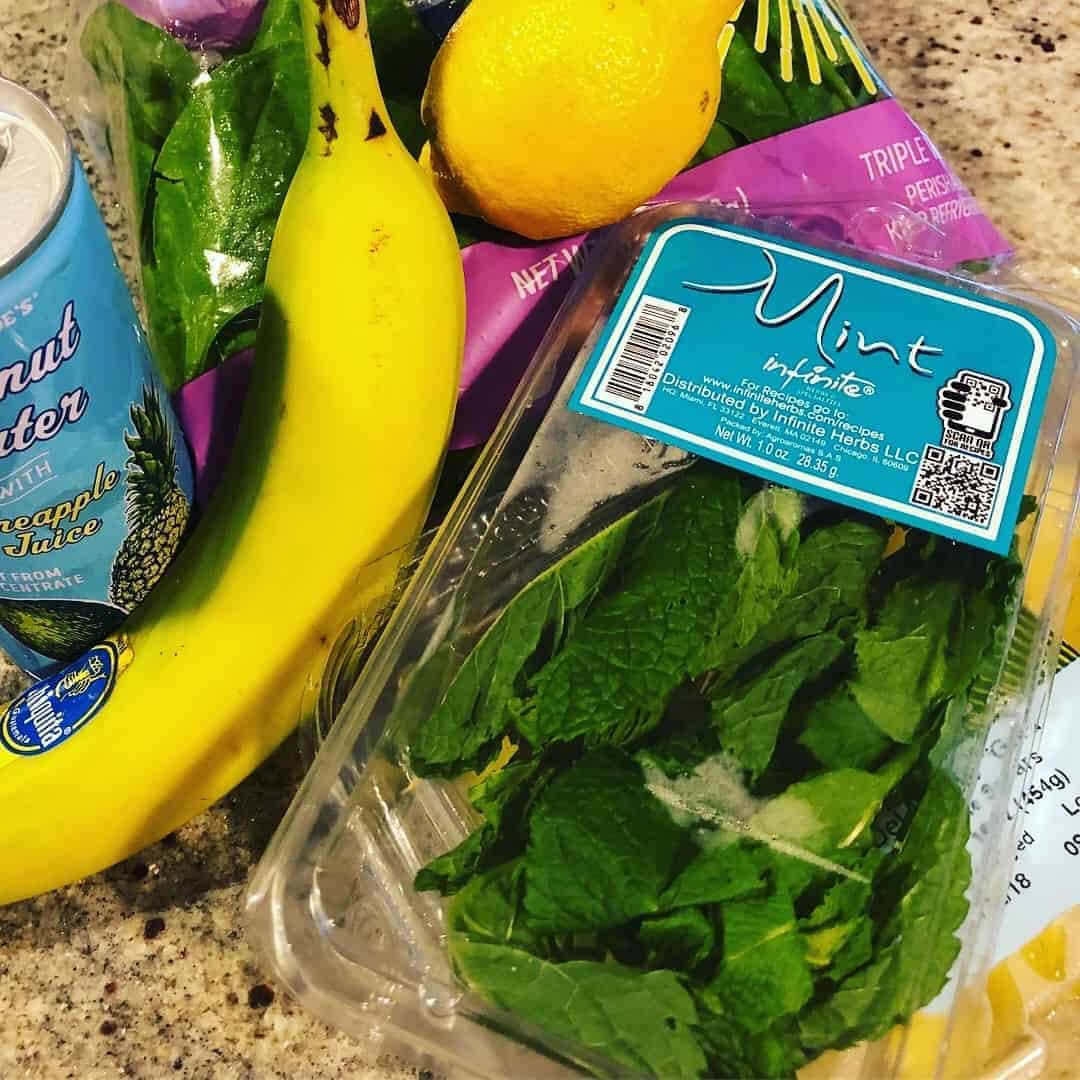 Trader Joe's Tropical Super Simple Smoothie: Ingredients at a glance (spinach, mint, mango, banana, lemon, coconut water with pineapple