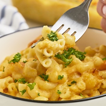 Closeup of a forkful of baked Butternut Squash Mac and Cheese.