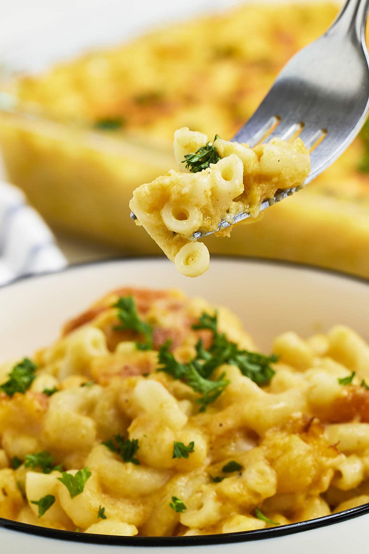 Closeup of a forkful of Butternut Squash Mac and Cheese. 