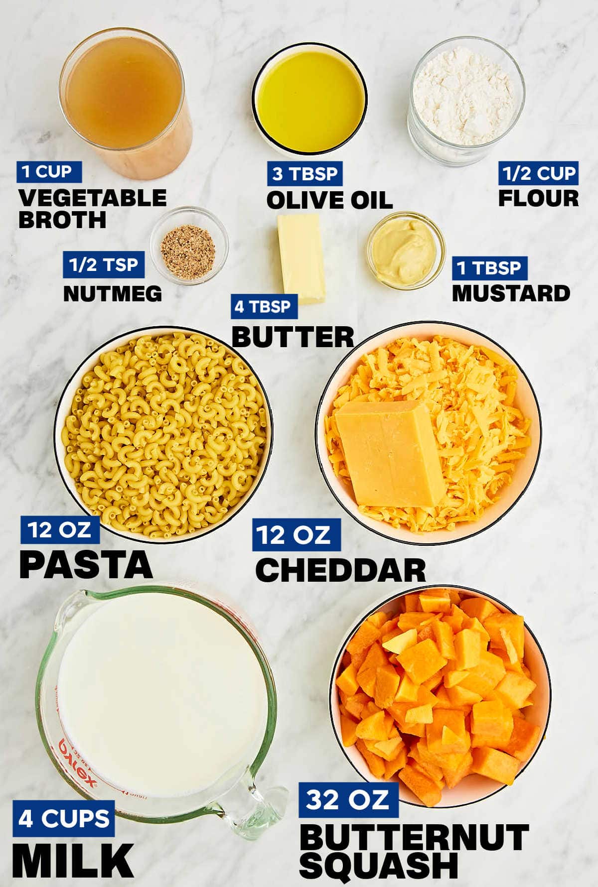 Ingredients needed to make Butternut Squash Mac and Cheese.