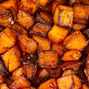 Closeup of Honey Roasted Sweet Potatoes.