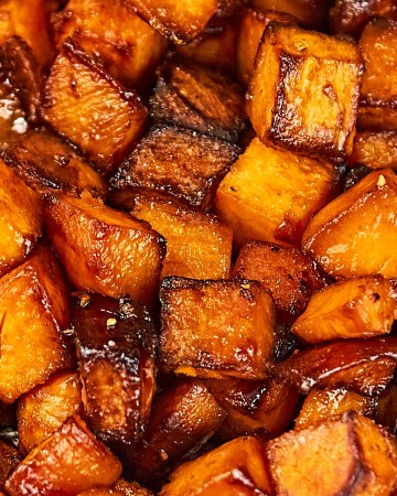 Closeup of Honey Roasted Sweet Potatoes.