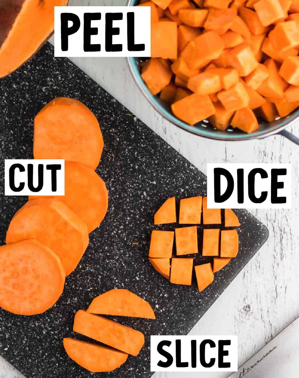 Sweet potatoes: peeled, cut, sliced, and diced.