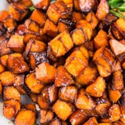 Top down view of Honey Roasted Sweet Potatoes fresh from the oven.