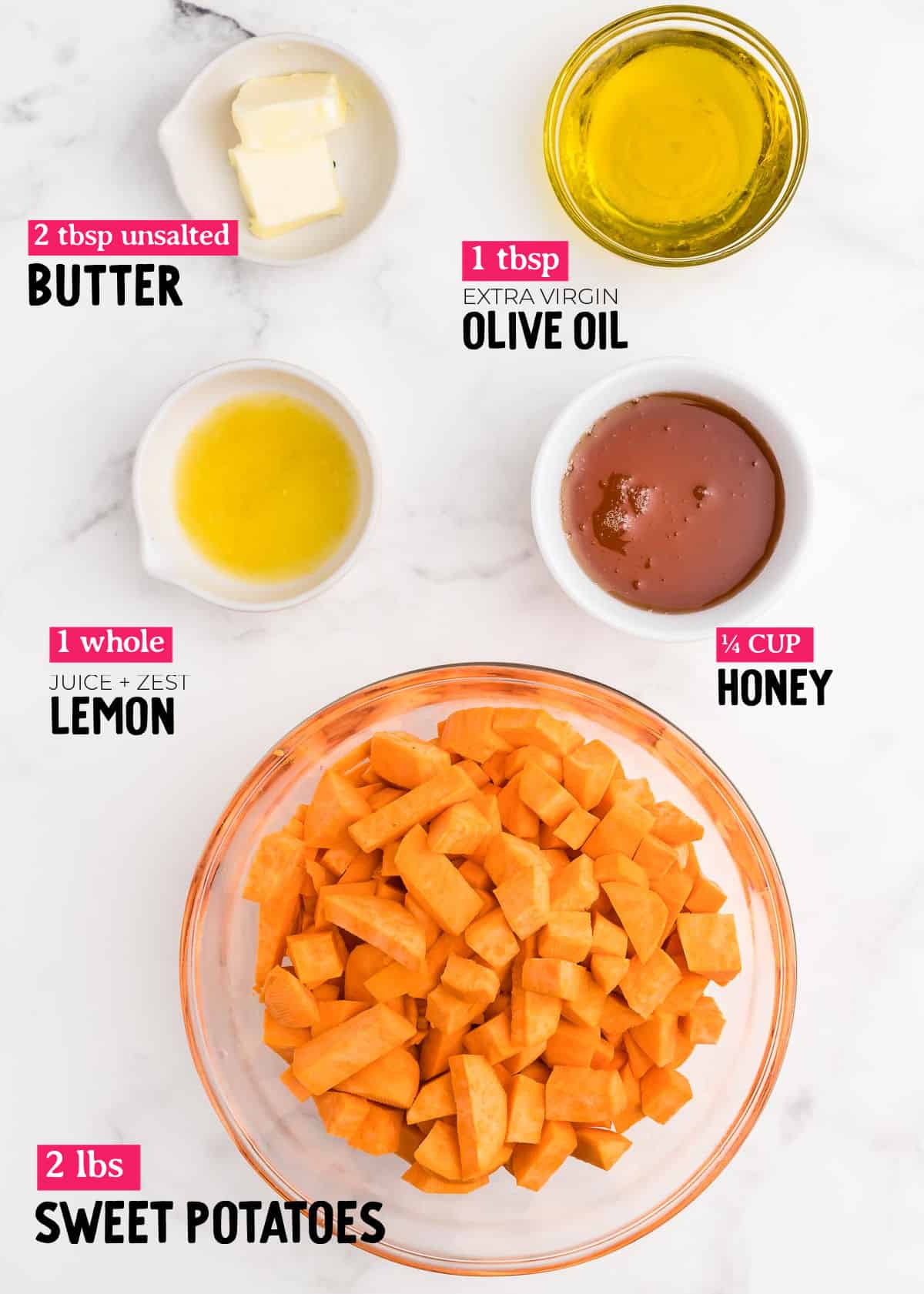 Ingredients needed to make Honey Roasted Sweet Potatoes.