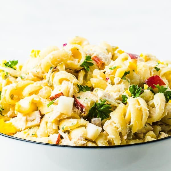 Tuna Pasta Salad in a white bowl.