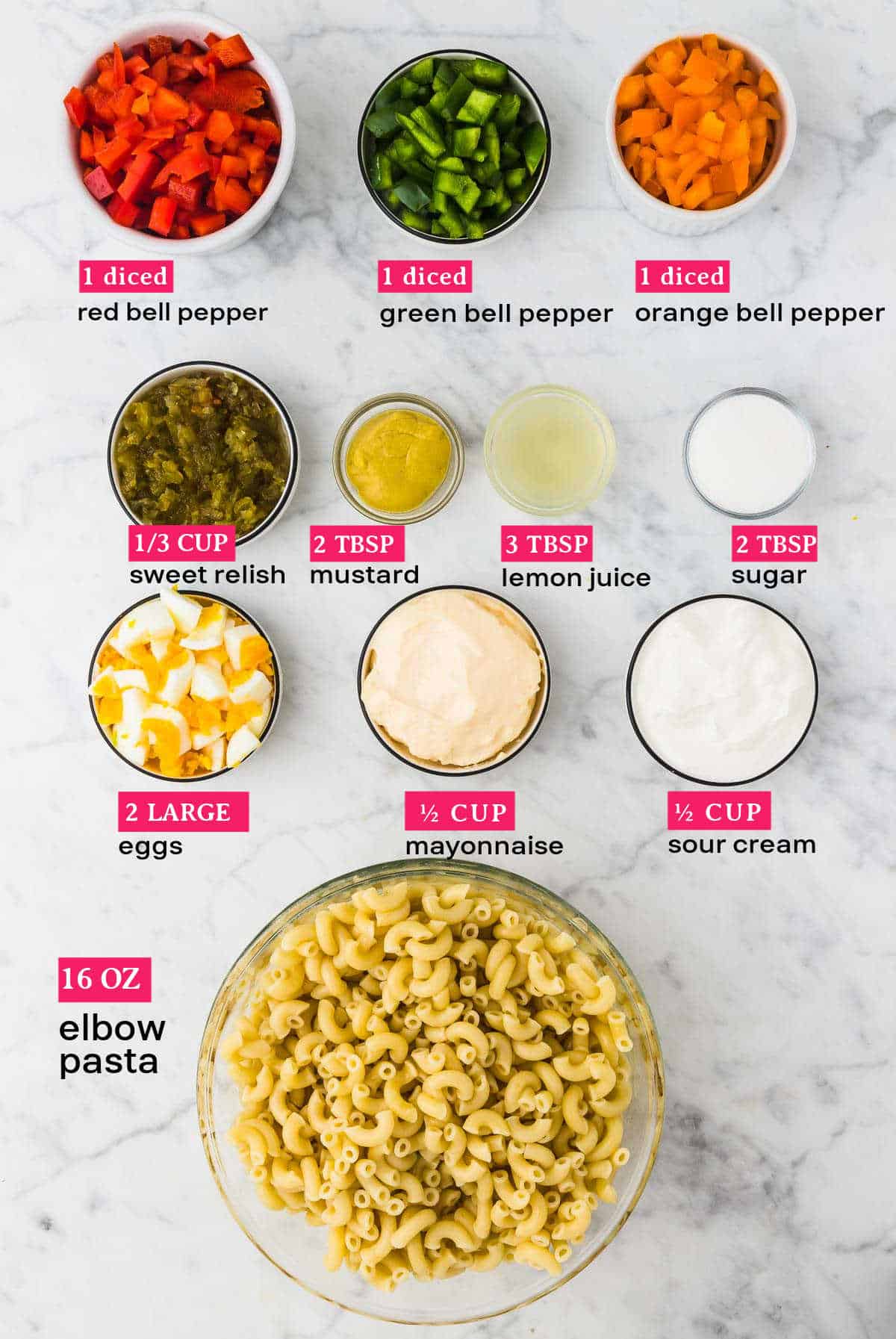ingredients needed to make Amish Macaroni Salad