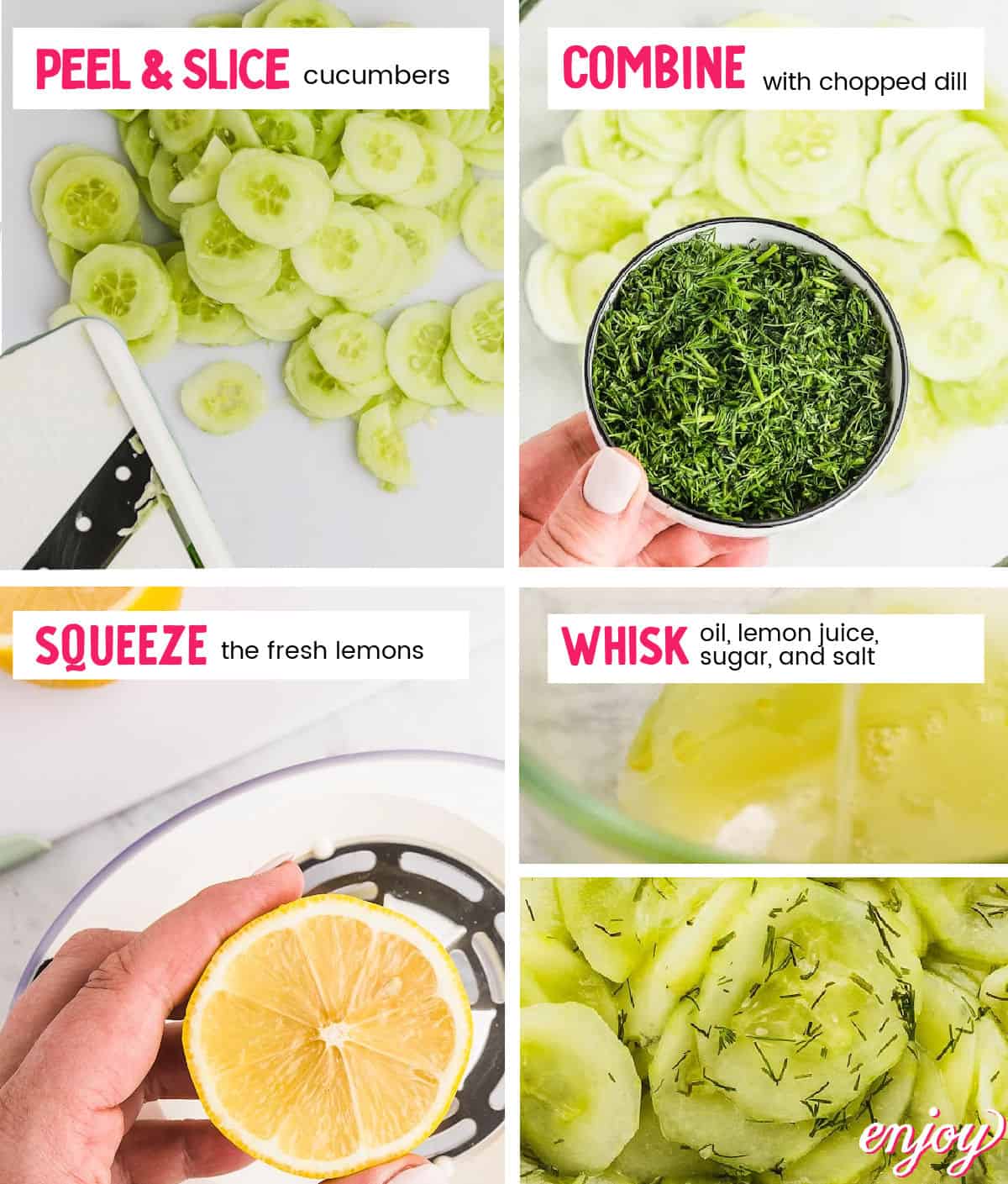 Steps showing how to make a German Cucumber Salad. 