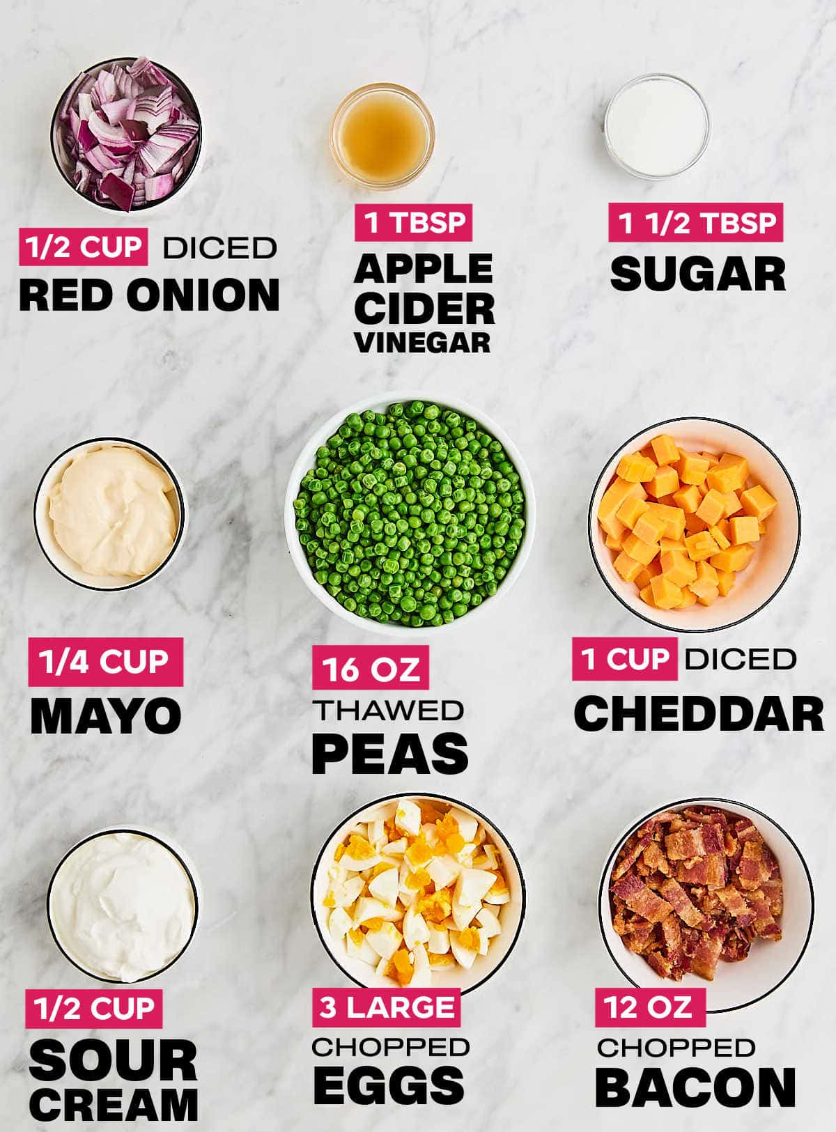 Ingredients needed to make a Pea Salad. 