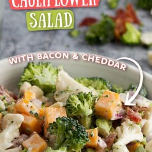 Broccoli Cauliflower Salad - This super simple, 20-minute salad is going to make eating your veggies a breeze! #cheerfulcook #easyrecipe #saladrecipe #withbacon #glutenfree #broccolisalad #cauliflower #Cheddar #bacon ♡ cheerfulcook.com