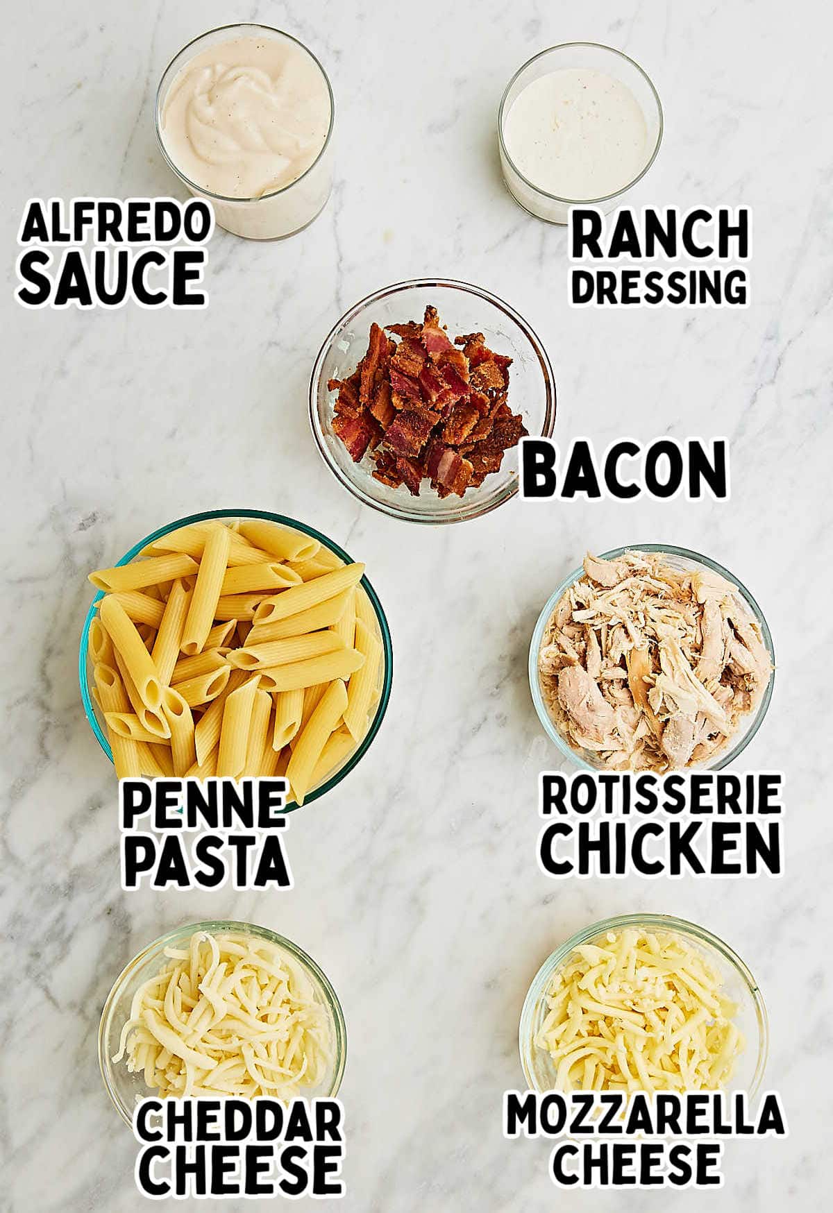 Ingredients needed to make a Chicken Bacon Ranch Casserole. 