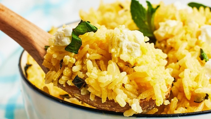 Easy Mint Rice With Feta Cheese