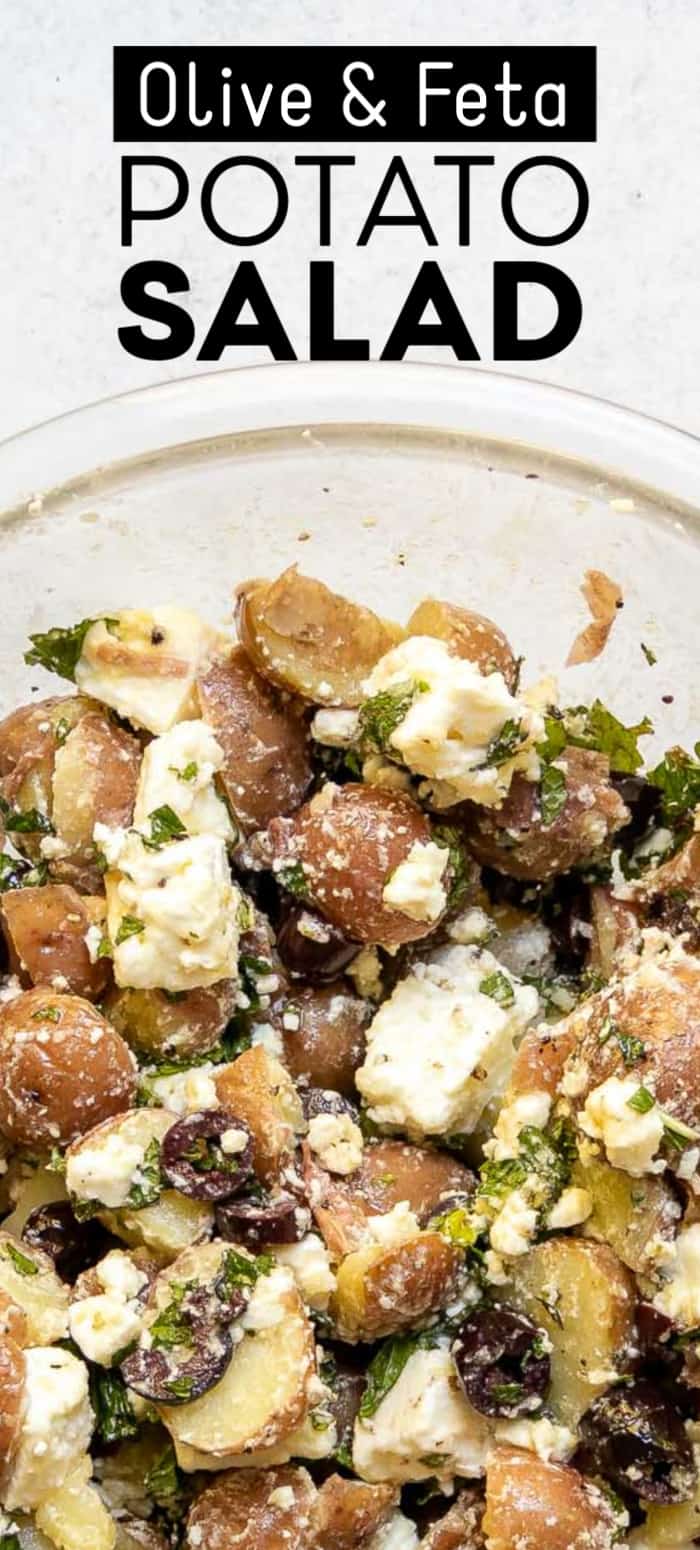 This easy potato salad is loaded with with flavor and requires just a few ingredients. It's perfect as a side salad for dinner, picnics, or potlucks.  easy #potatosalad #redpotatoes #feta #mint #salad ♡ cheerfulcook.com via @cheerfulcook