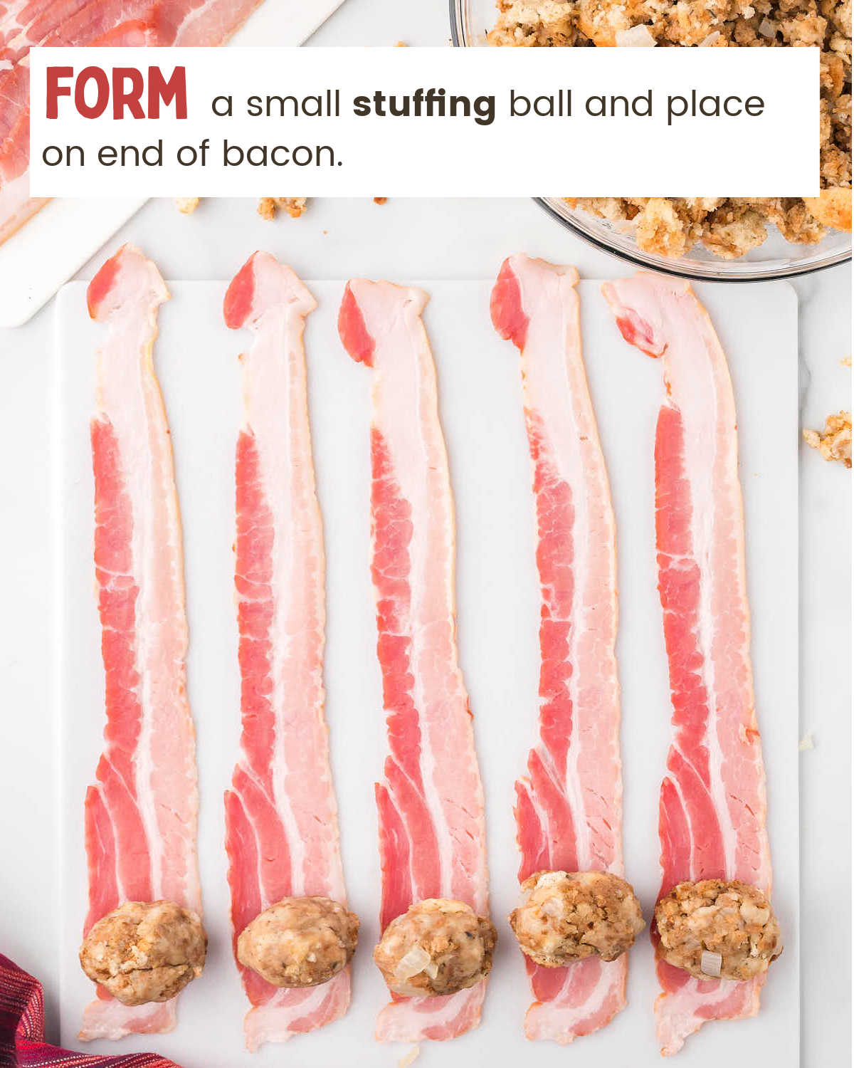 Stuffing balls placed on bacon for Bacon Stuffing Rolls.