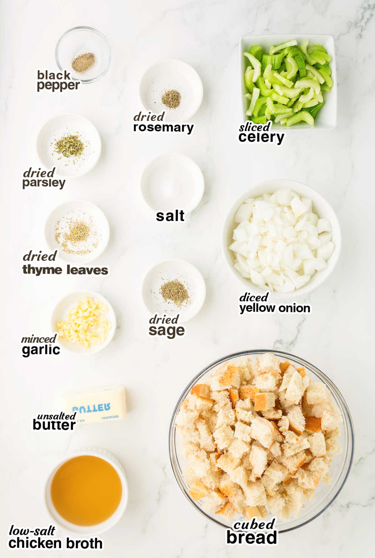 Ingredients needed to make a homemade Stuffing recipe. 