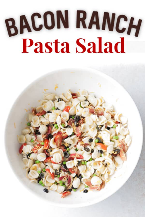 This creamy, delicious Bacon Ranch Pasta Salad is a quick and easy cold pasta salad that packs a punch. And it's ready to serve in just 30 minutes. #cheerfulcook #cold #creamy #bacon #cheddar #ranch #pastasalad ♡ cheerfulcook.com via @cheerfulcook