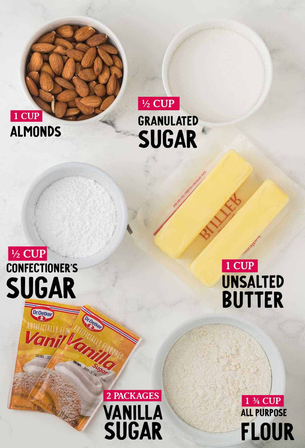 Ingredients needed to make Vanillekipferl (Almond Crescent Cookies)