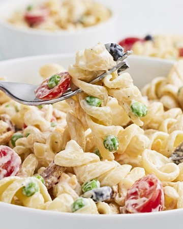 A forkful of Bacon Ranch Pasta Salad.