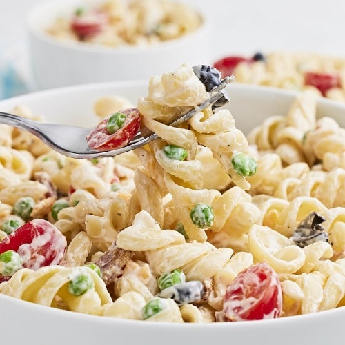 A forkful of Bacon Ranch Pasta Salad.