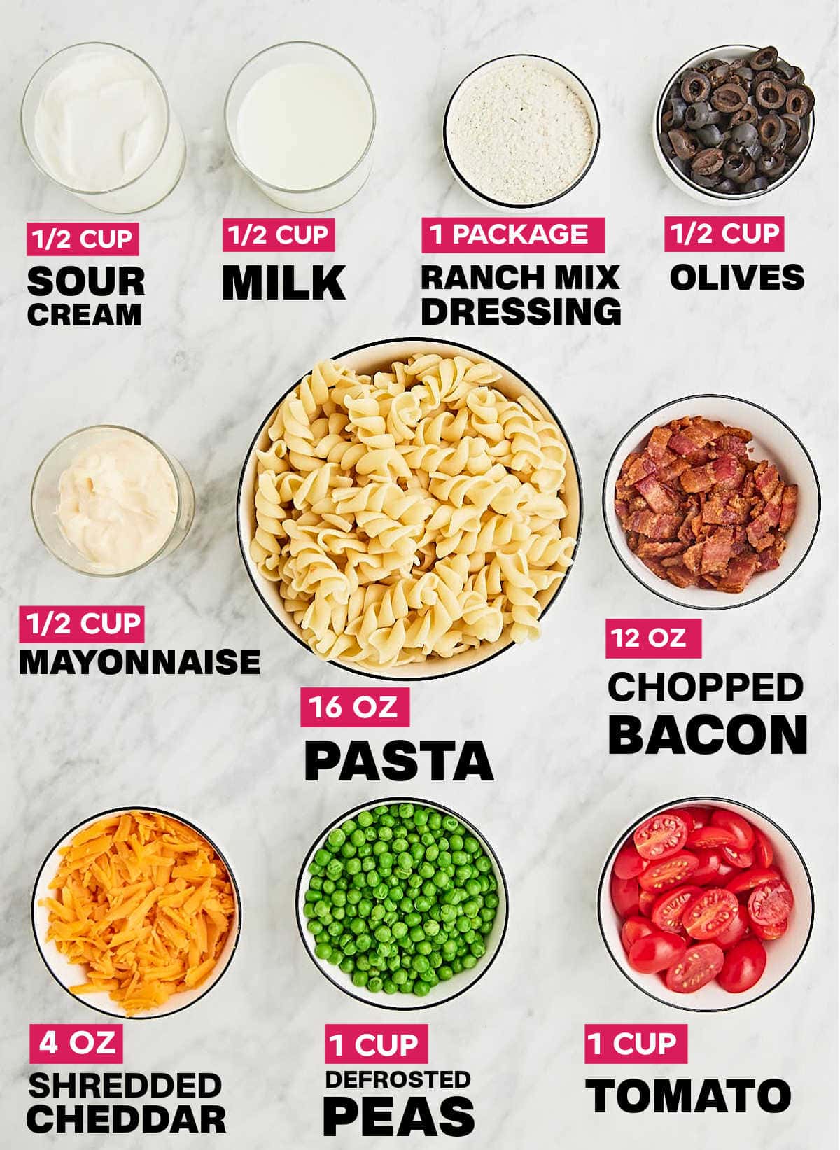 Ingredients needed to make a Bacon Ranch Pasta Salad. 