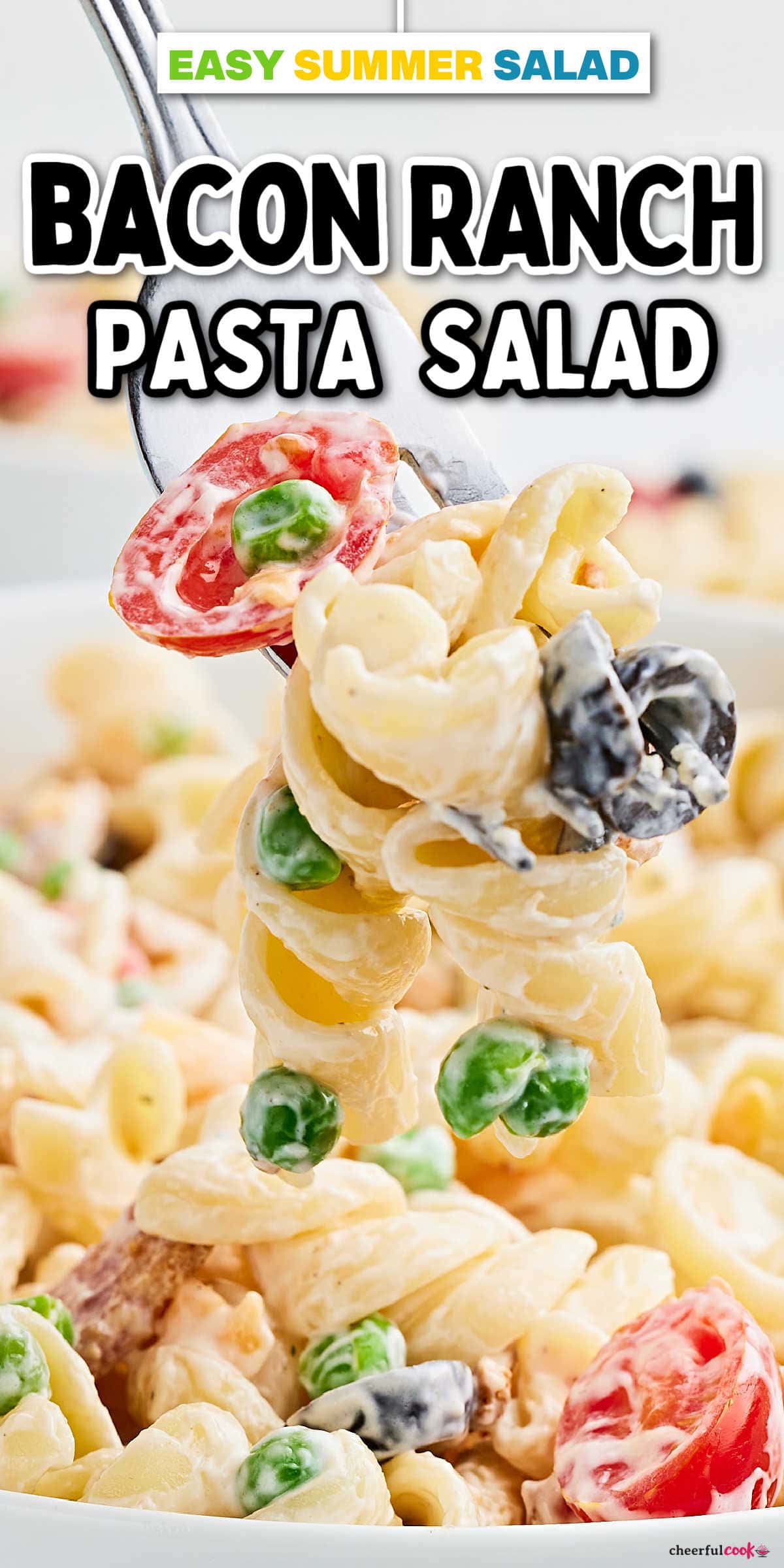 Get ready to indulge in the irresistible Bacon Ranch Pasta Salad! It's a creamy and delicious dish that's a snap to make. In just 30 minutes, you can whip up this delightful cold pasta salad that will have everyone begging for the recipe. Enjoy the delicious combination of crispy bacon, creamy ranch dressing, and perfectly cooked pasta coming together in a delightful blend of tastes. #cheerfulcook #BaconRanchPastaSalad  #EasyRecipe #ColdSalad #PotluckRecipes #PicnicFood ♡ cheerfulcook.com  via @cheerfulcook
