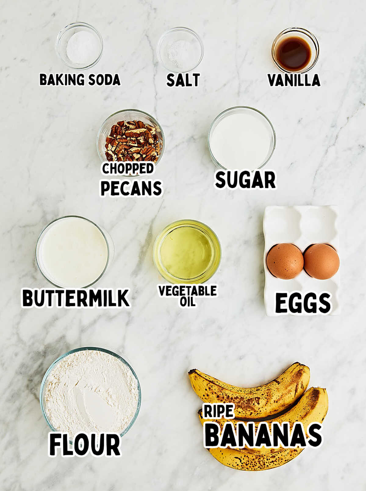 Ingredients needed to make a Banana Nut Bread.