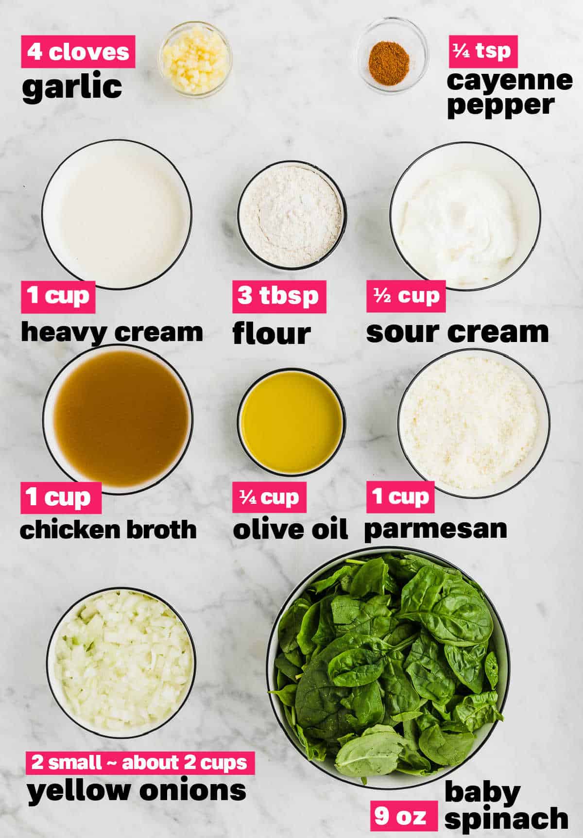 Ingredients needed to make a Spinach Dip.
