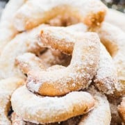 A plate of freshly baked almond crescent cookies also known as Vanillekipferl.