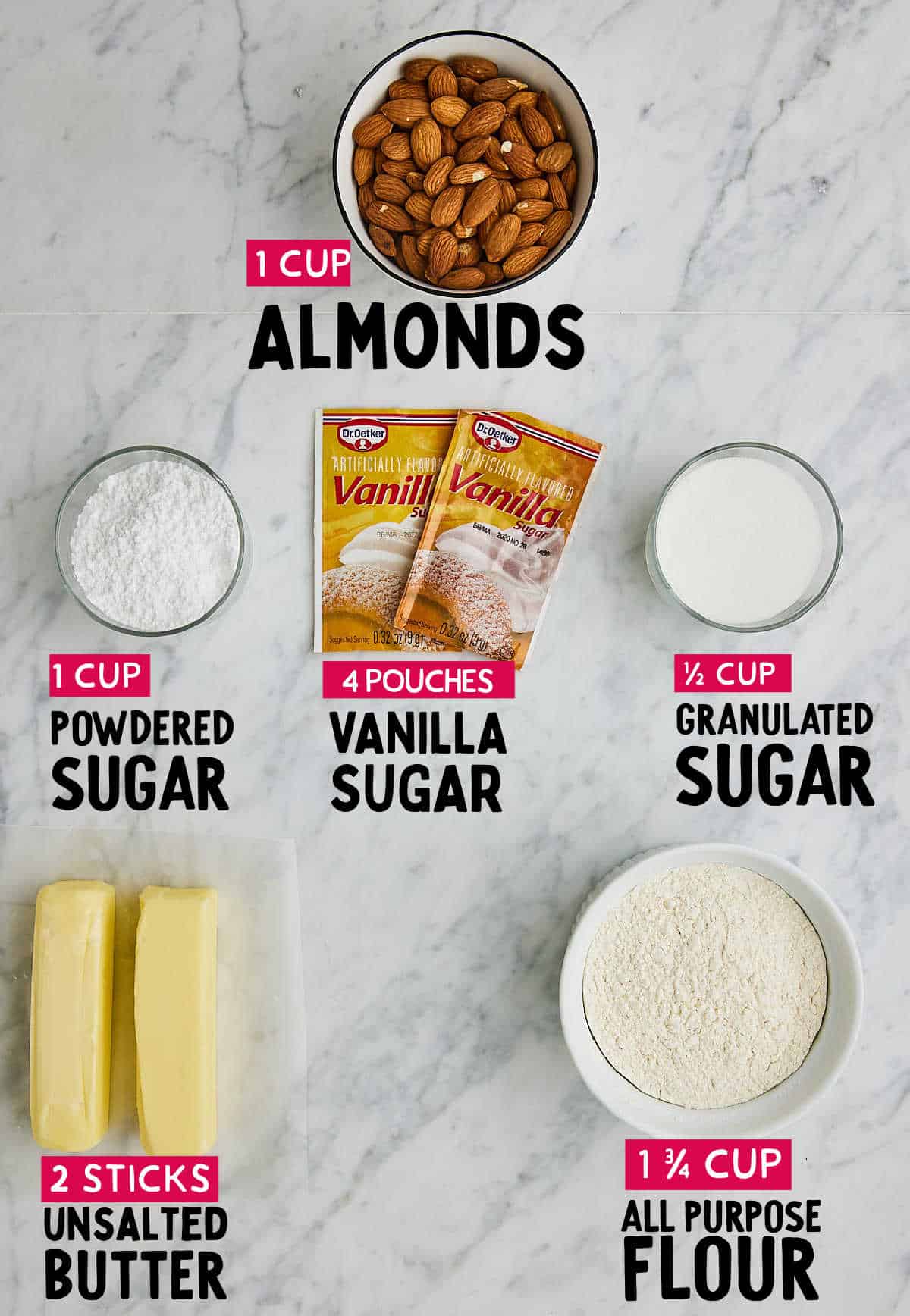 Ingredients needed to make Vanillekipferl (Almond Crescent Cookies).