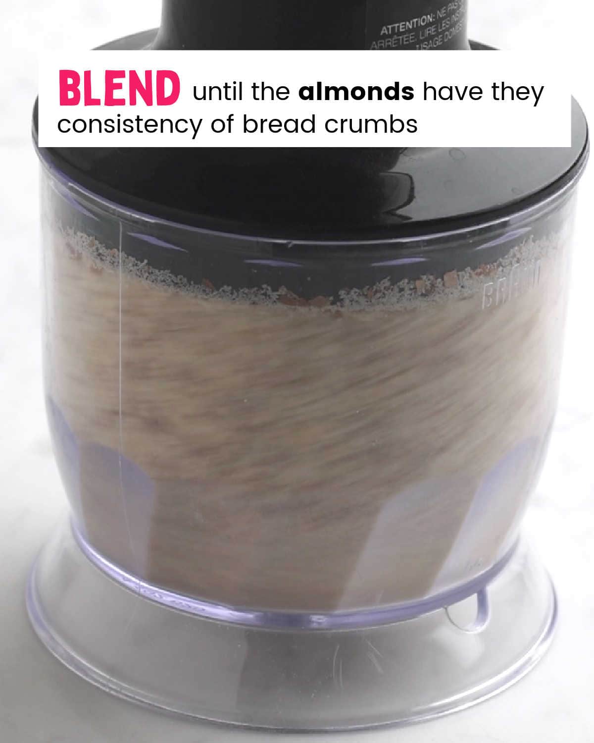 Process Step: Blend almonds in food processor.