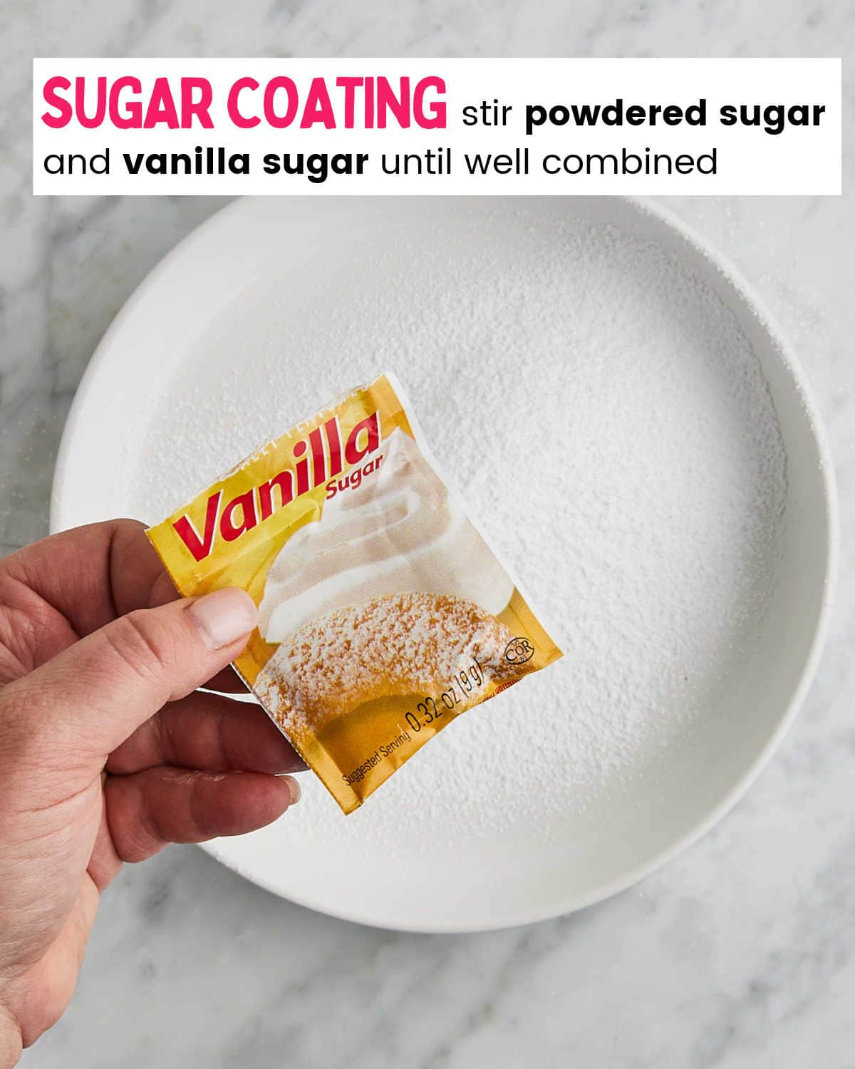Process Step: Combine vanilla, granulated, and powdered sugar. 