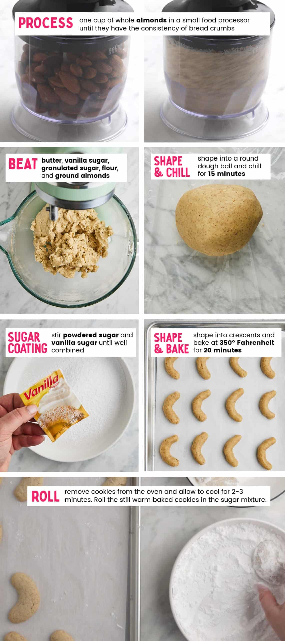 Collage of steps showing how to make Vanillekipferl Cookies.