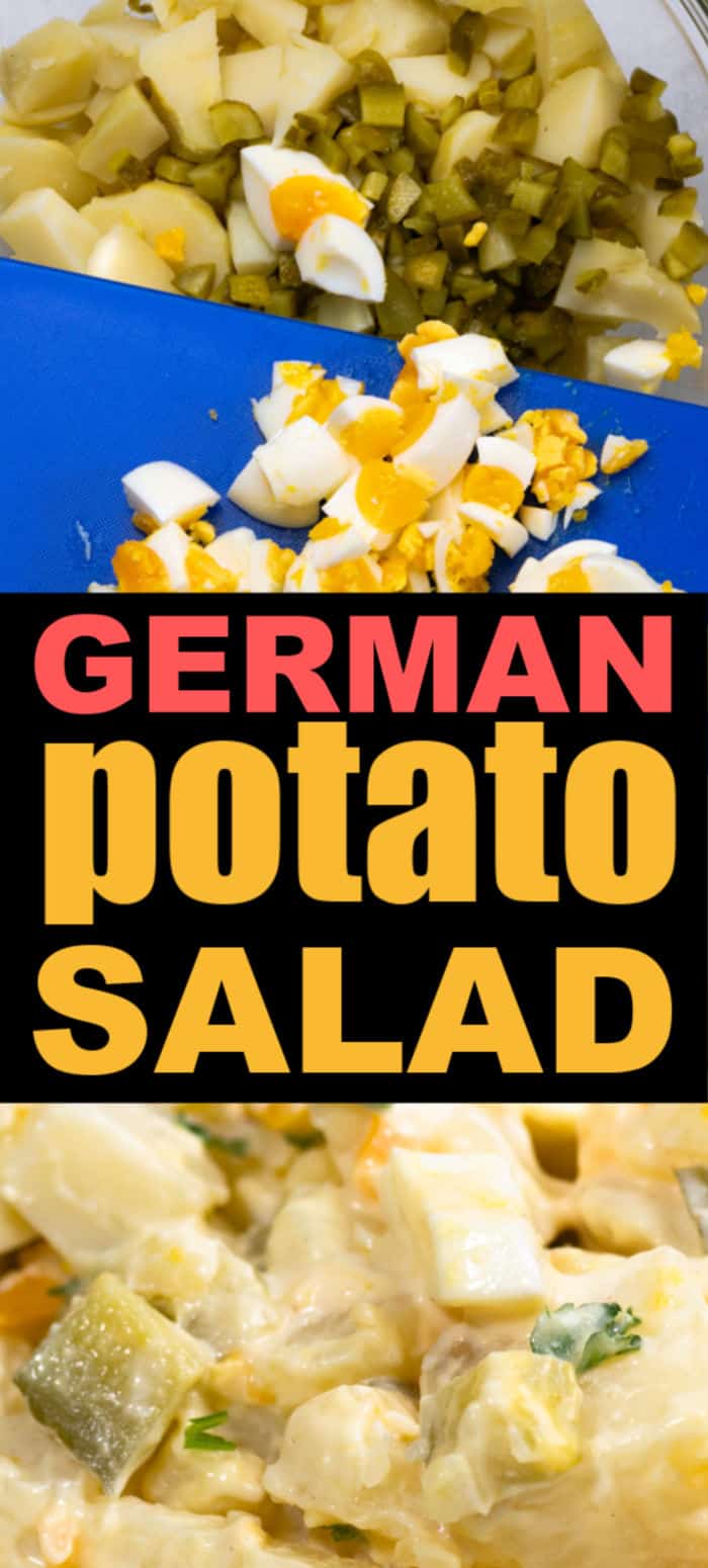 This German Potato Salad recipe is easy and delicious. Tender potatoes are combined with protein-rich eggs and chopped pickles. The dressing is simply mayonnaise and pickle juice. Easy German food at it's best. #cheerfulcook #potatosalad #lunch #germanfood #germanpotatosalad ♡ cheerfulcook.com via @cheerfulcook