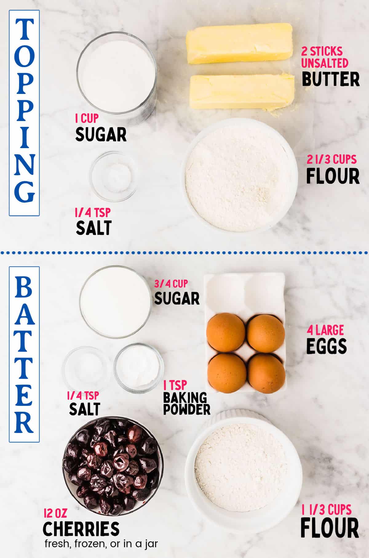 Ingredients needed to make German Cherry Crumb Cake (batter and crumb topping).