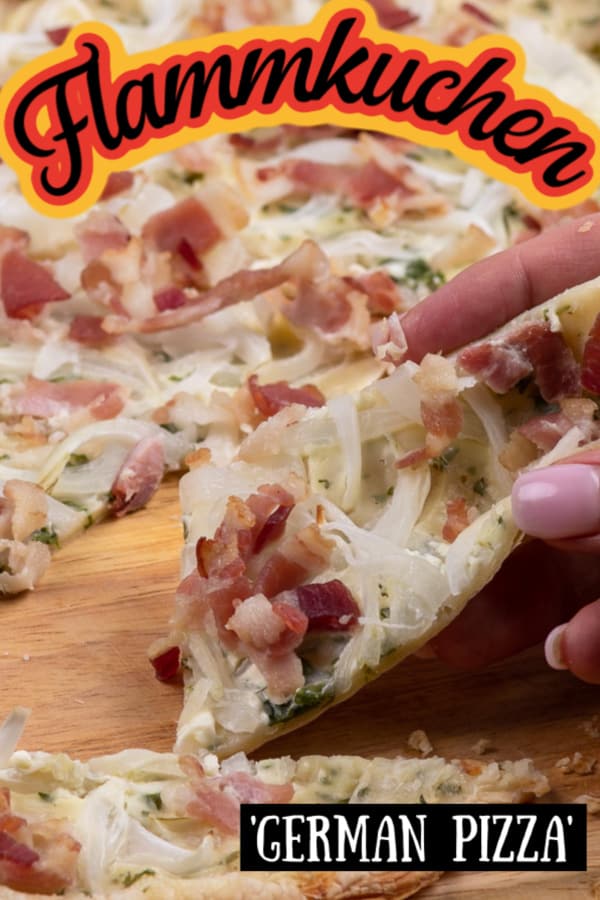 Flammkuchen (flame cake) or tarte flambée is a delicious and popular German flatbread. Topped with creme fraiche (or sour cream), onions, and bacon it's easy to make and incredibly delicious. Perfect with a glass of Riesling. 
#cheerfulcook #flammkuchen #flamecake # #tarteflambée #germanpizza ♡ cheerfulcook.com via @cheerfulcook
