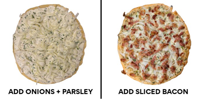 Left: Add sliced onions and parsley - Right: Top with sliced bacon