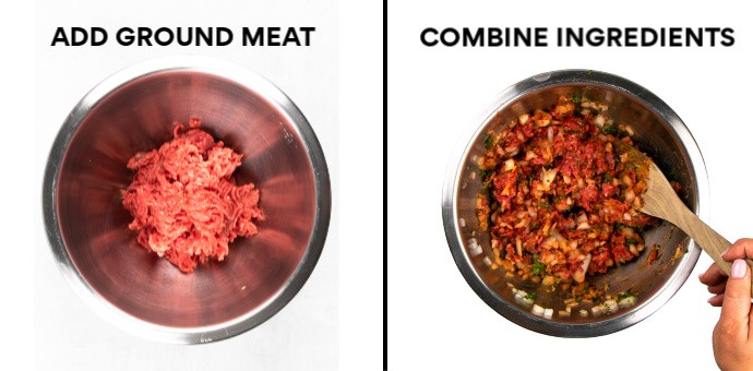 Left: Add Ground Meat - Right: Combine Ingredients