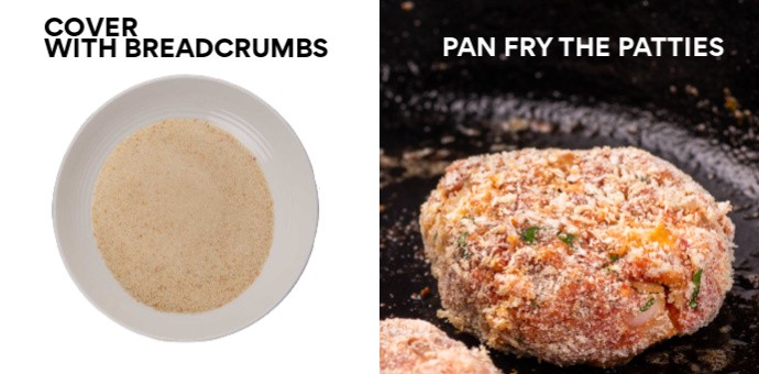Left: Shallow Bowl of Breadcrumbs - Right: Frikadellen cooking in a frying pan