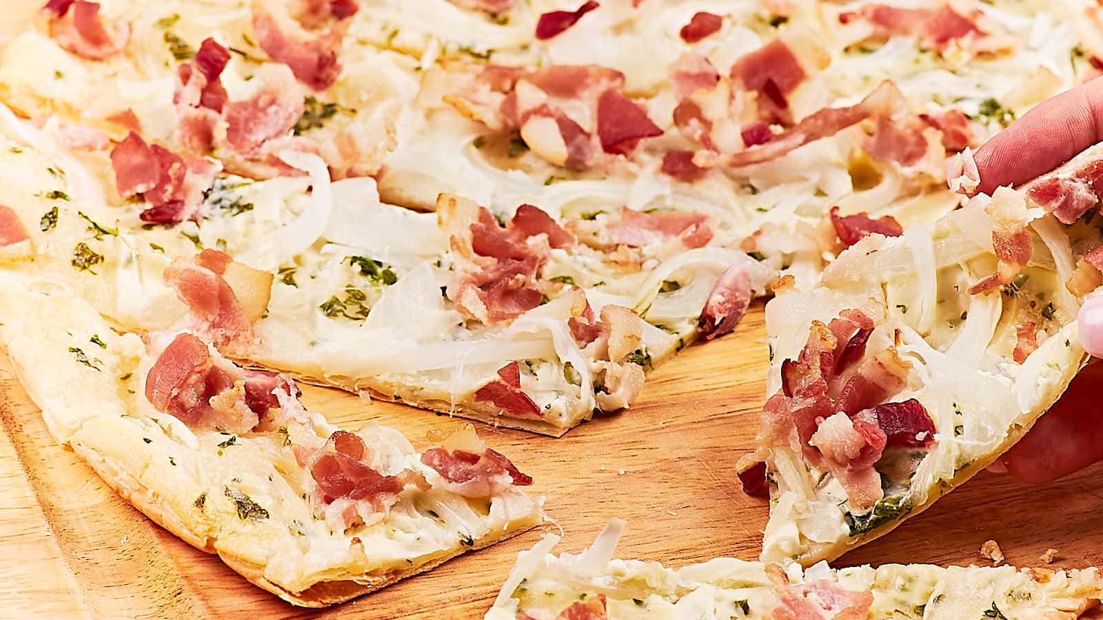 German Bacon and Onion Flatbread Pizza (Flammkuchen) recipe by Cheerful Cook.