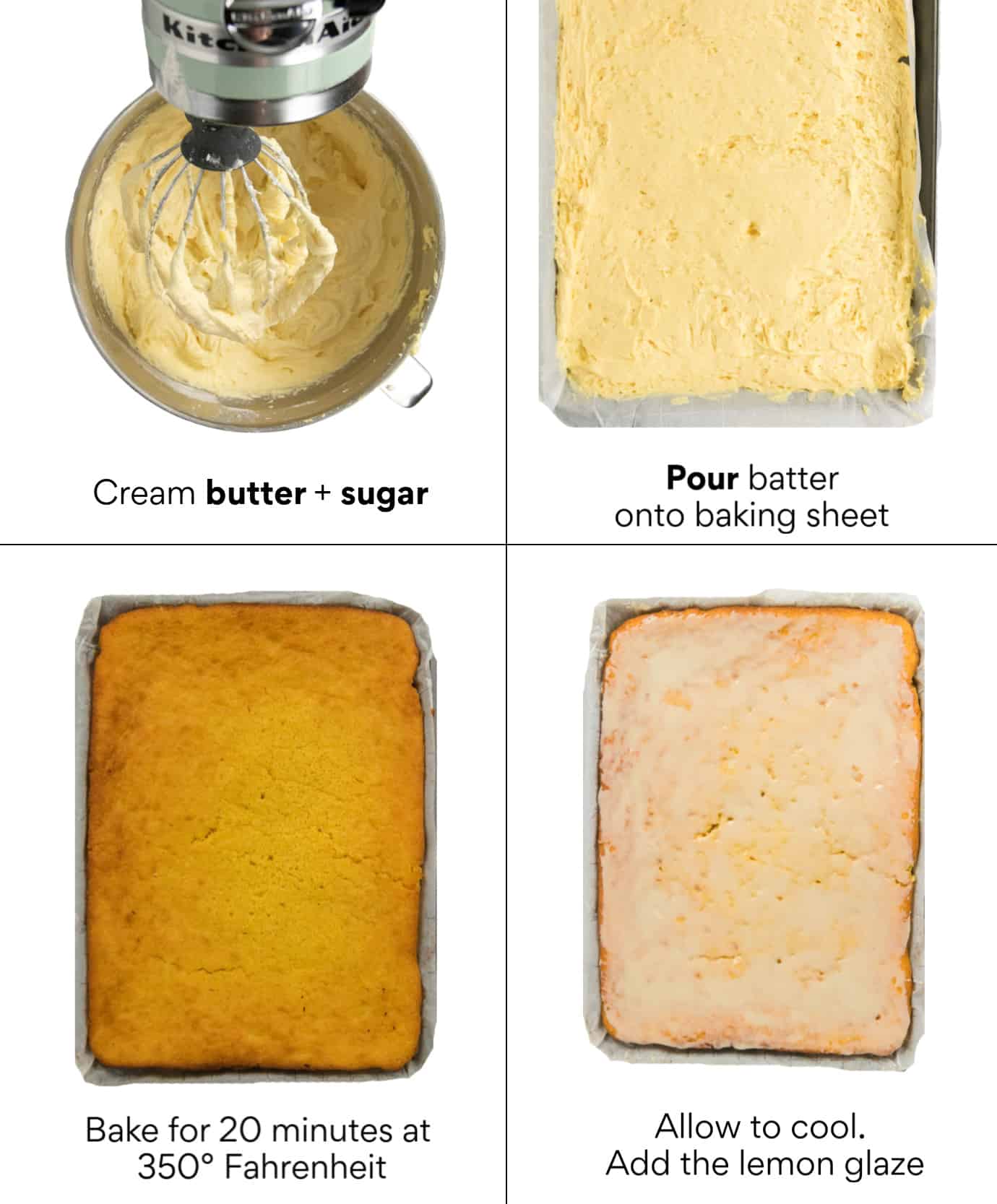 Steps showing how to pour the batter, bake and glaze the lemon pound cake