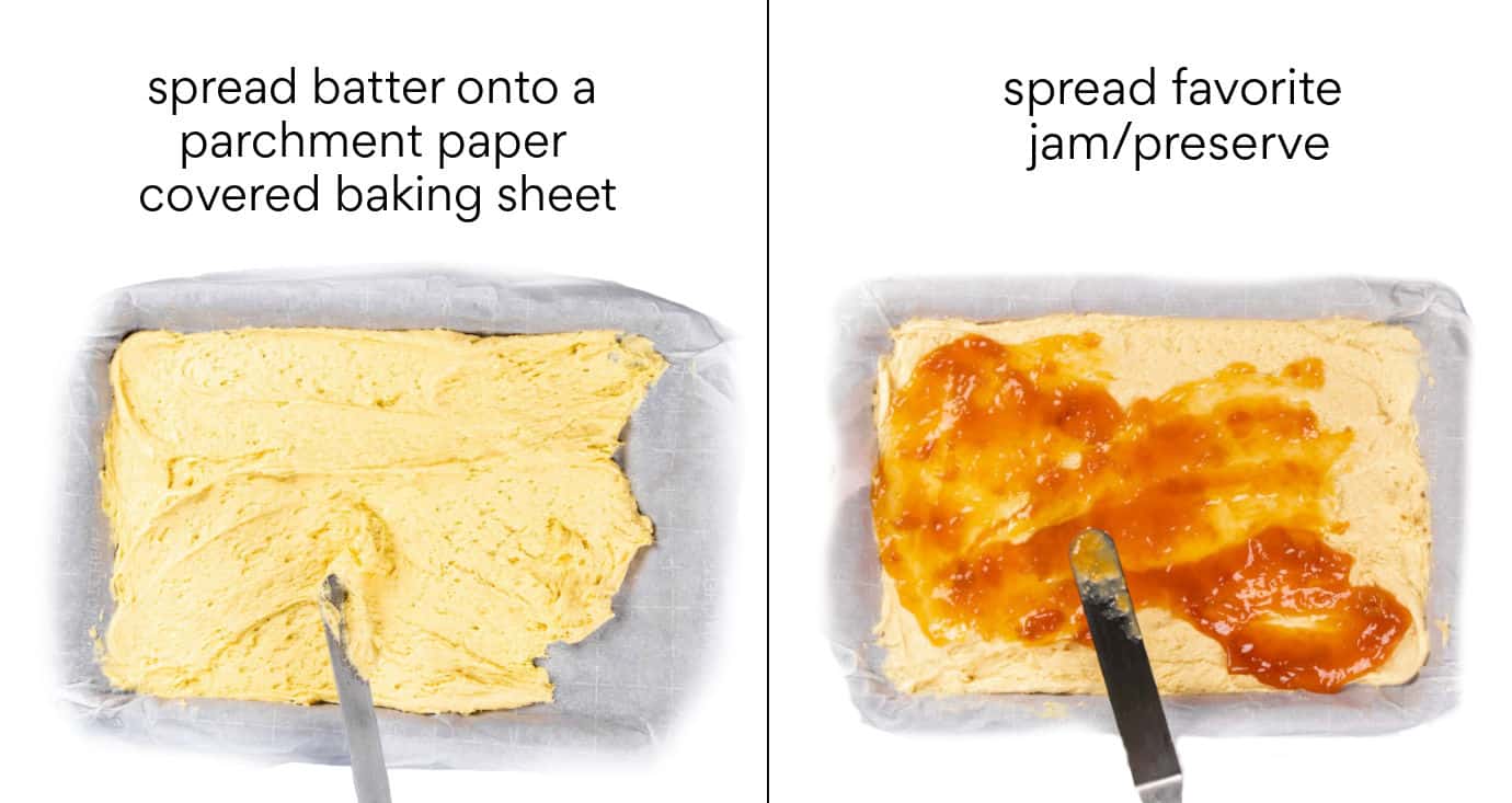 Instructions how to first add the batter on the baking sheet followed by topping it with jam or preservative