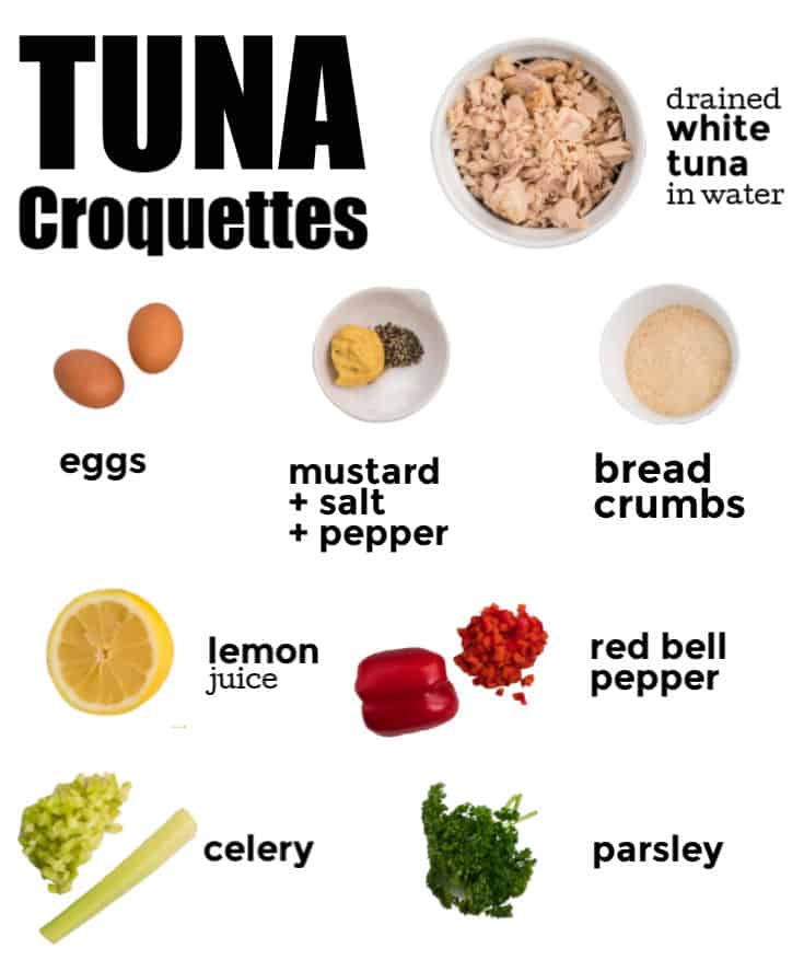 Ingredients needed to make Tuna Croquettes: white tuna, eggs, mustard, bread crumble, lemon juice, red bell pepper, celery, parsley
