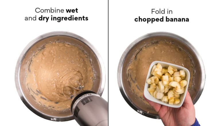 Combine wet and dry ingredients. Fold in chopped banana pieces.