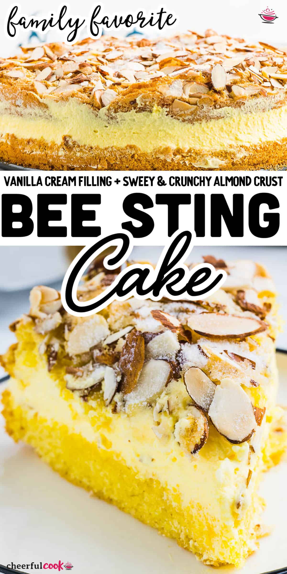 Bienenstich or Bee Sting Cake is a super light and airy German cake recipe with a delicious vanilla cream filling and topped with sugary, crunchy almonds. And with 7 ingredients and less than 20 minutes of prep time, anyone can make this bakery-level cake recipe. Impressing your friends and family has never been easier. #cheerfulcook #german #recipe #easy #cake #beestingcake #bienenstich ♡ cheerfulcook.com via @cheerfulcook