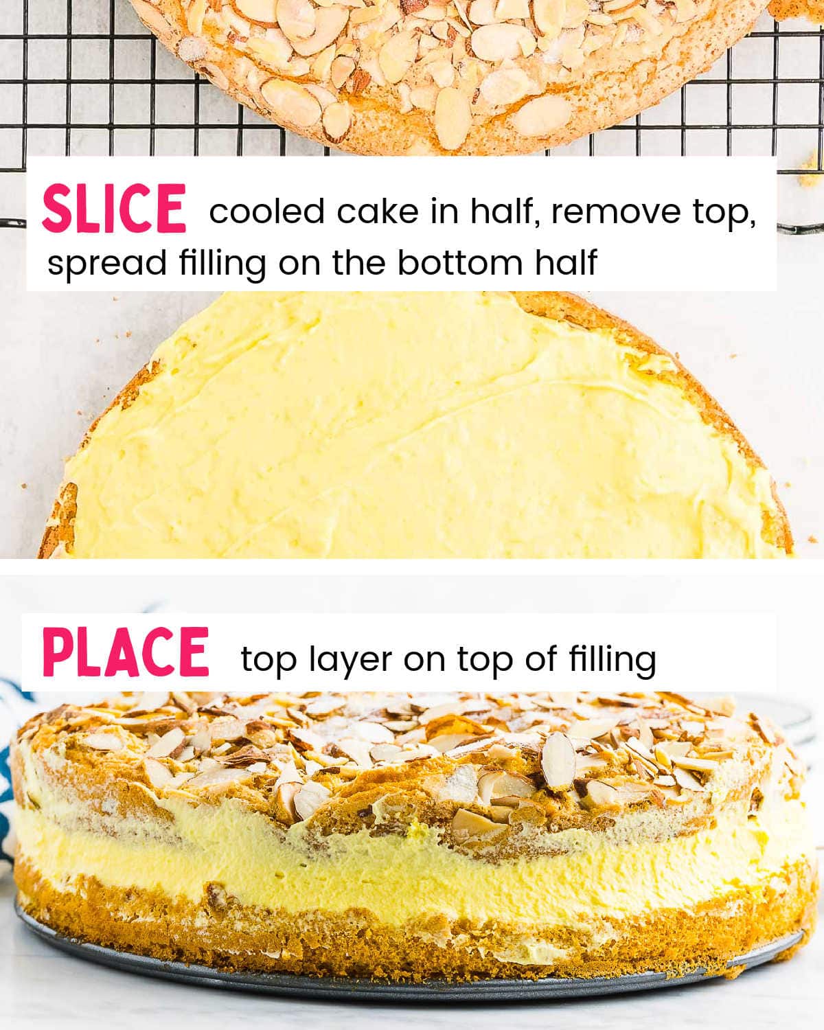 Step: Slice baked cake and add the filling. 