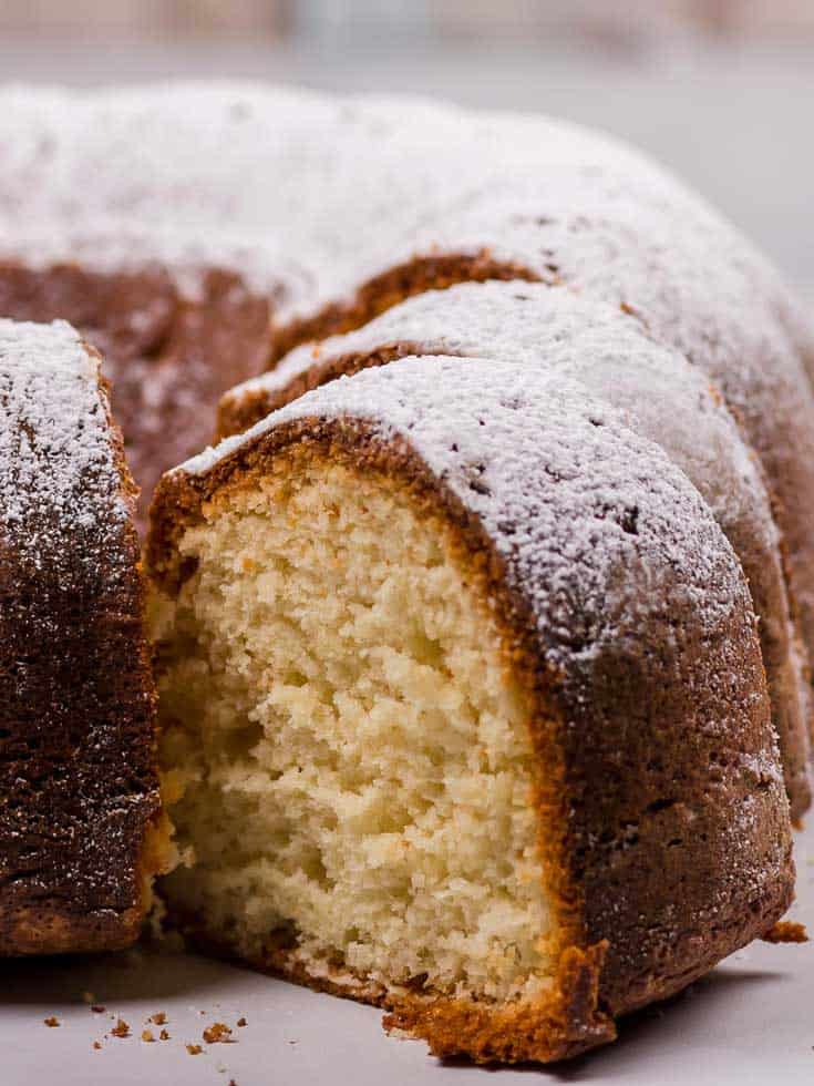 two slices cut from a freshly baked bundt cake