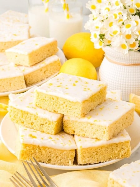 A stack of German Lemon Sheet Cake.