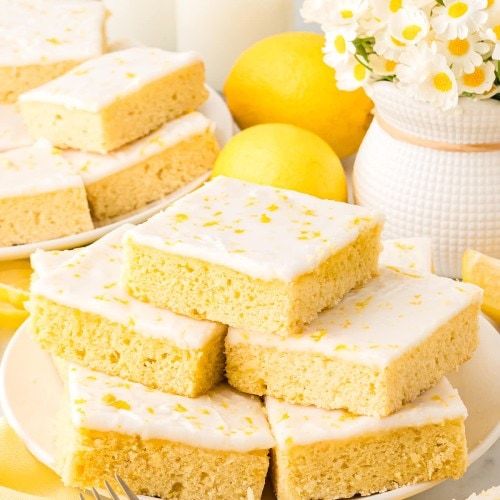 A stack of German Lemon Sheet Cake.