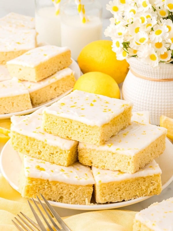 A stack of German Lemon Sheet Cake.