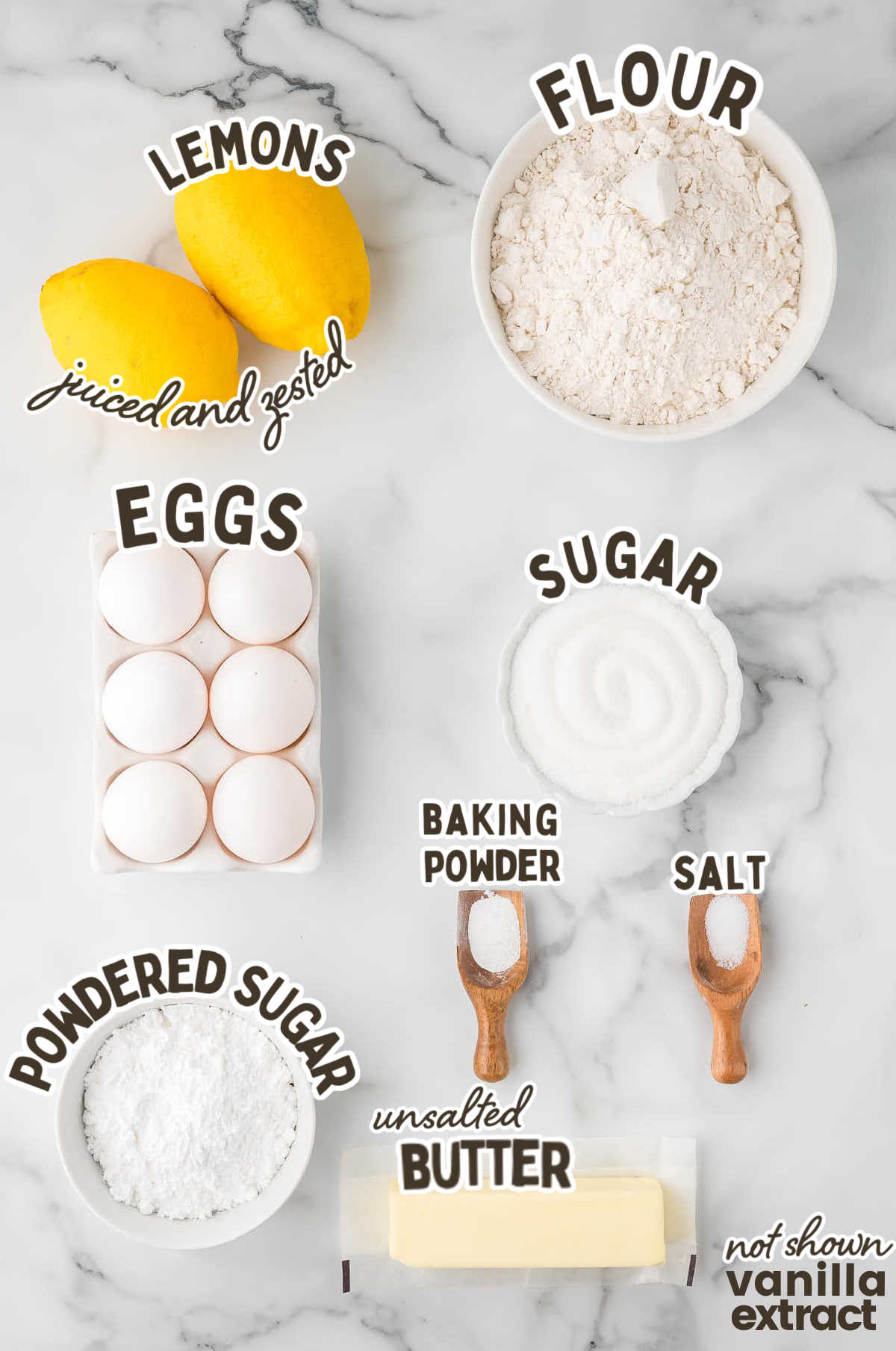 Ingredients needed to make a Glazed German Lemon Sheet Cake. 